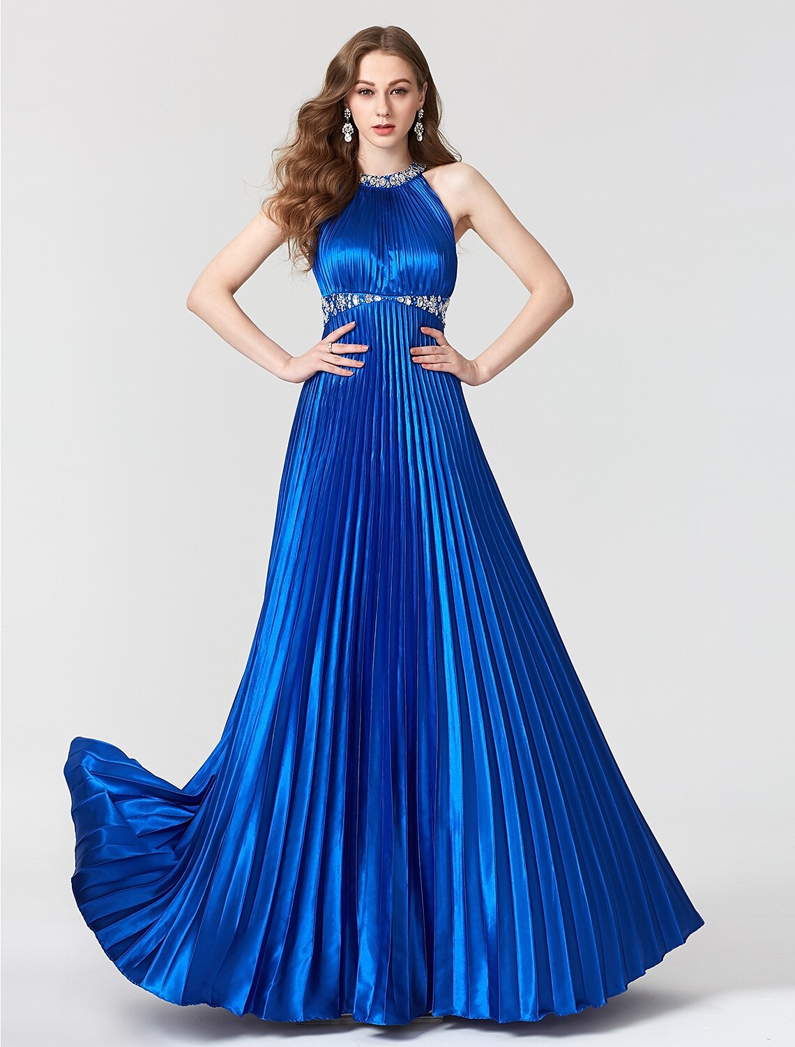 Vestido de fiesta de cóctel con escote joya, largo hasta el suelo, sin mangas, corte A, satén, con pliegues y abalorios